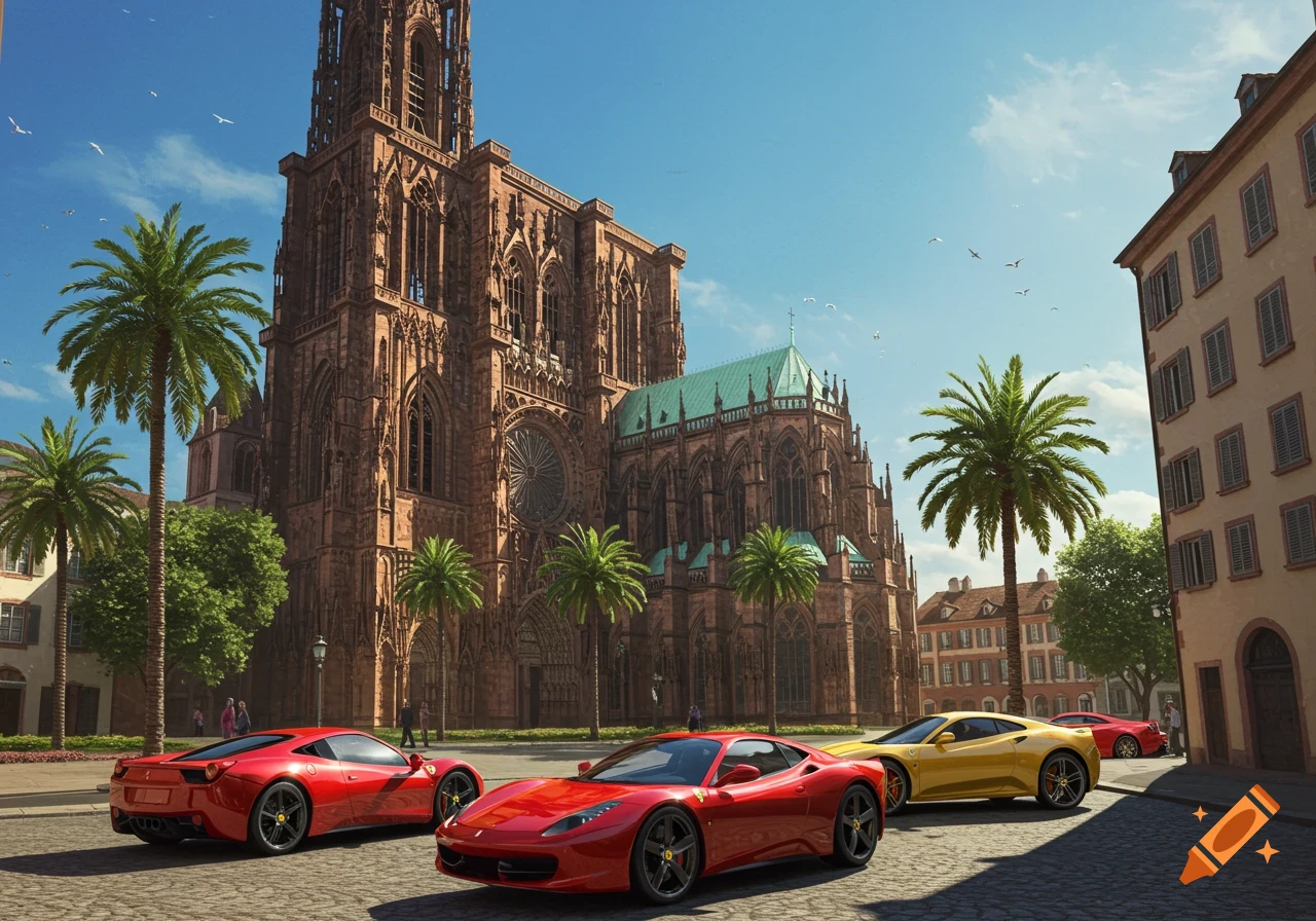 Photorealistic image of Strasbourg Cathedral with several red and yellow Ferraris parked on a cobblestone street, framed by palm trees.