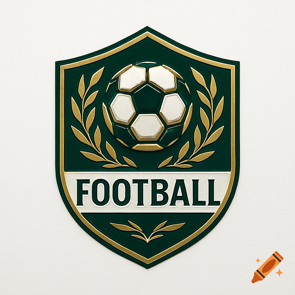 Dark green and gold shield logo with a soccer ball, laurel leaves, and 'FOOTBALL' text, on a white background.