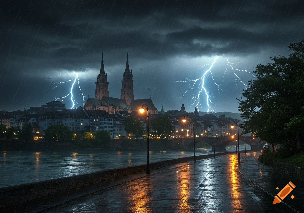 Photorealistic stormy night cityscape of Basel, with a prominent cathedral, river, and bridge under lightning and rain.