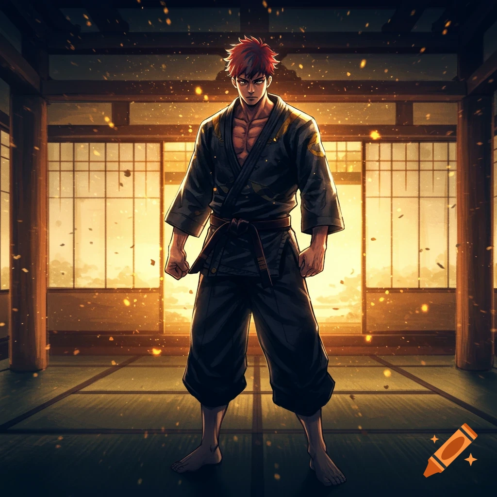 Muscular anime man with red hair in a black gi, barefoot in a Japanese dojo with glowing golden particles.