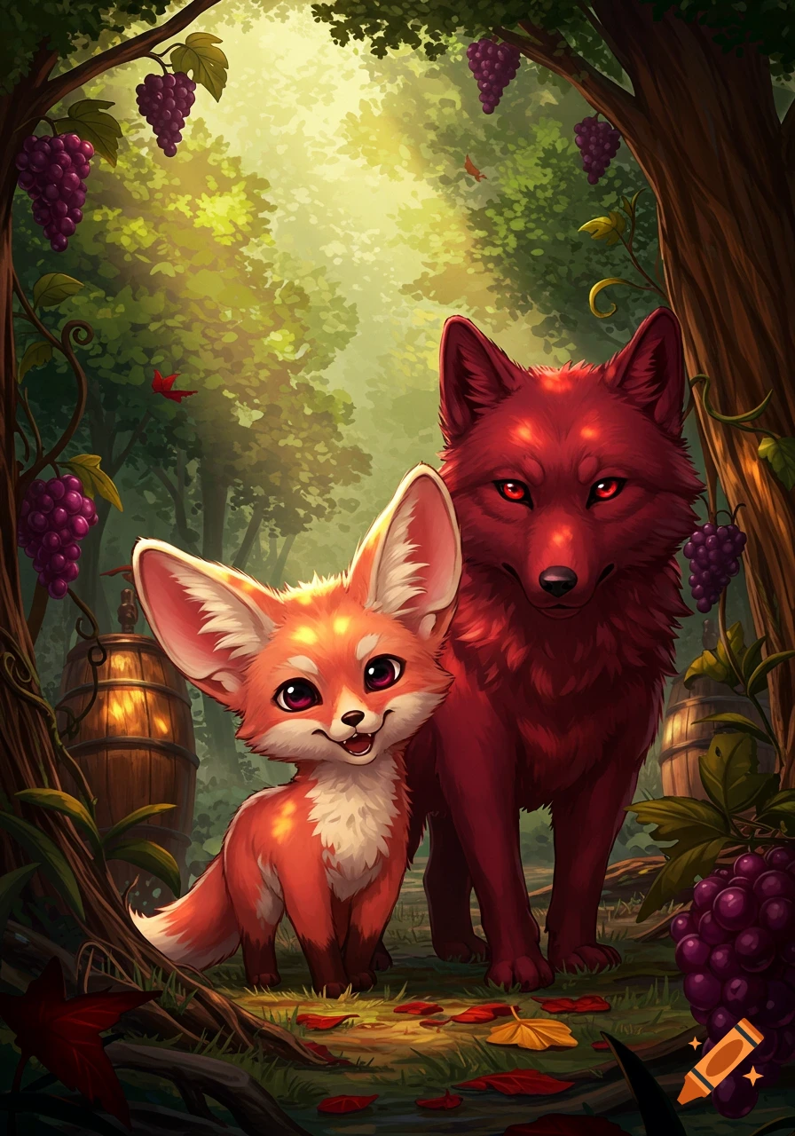 A cute fennec fox and a maroon wolf stand in a magical forest with grapevines and barrels, anime style.
