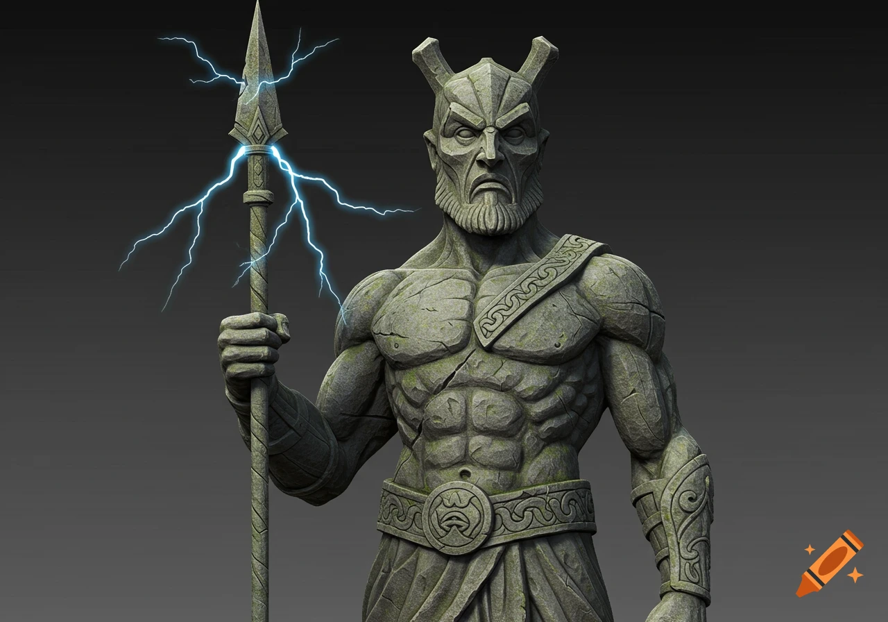 Detailed stone statue of a bearded, horned god with a spear and lightning, against a dark background.