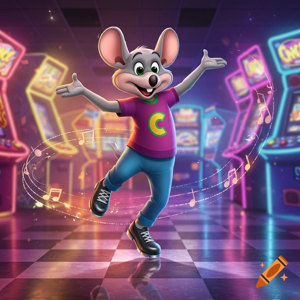 Chuck E. Cheese, a gray mouse character in a purple shirt with a yellow C, blue pants, and black tap shoes, dances in a neon-lit arcade with musical notes swirling around him.