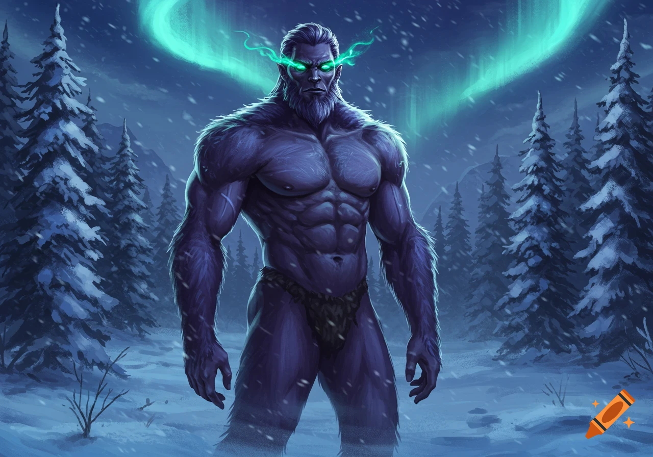 Muscular purple-skinned yeti creature with glowing green eyes in a snowy forest under a green aurora.