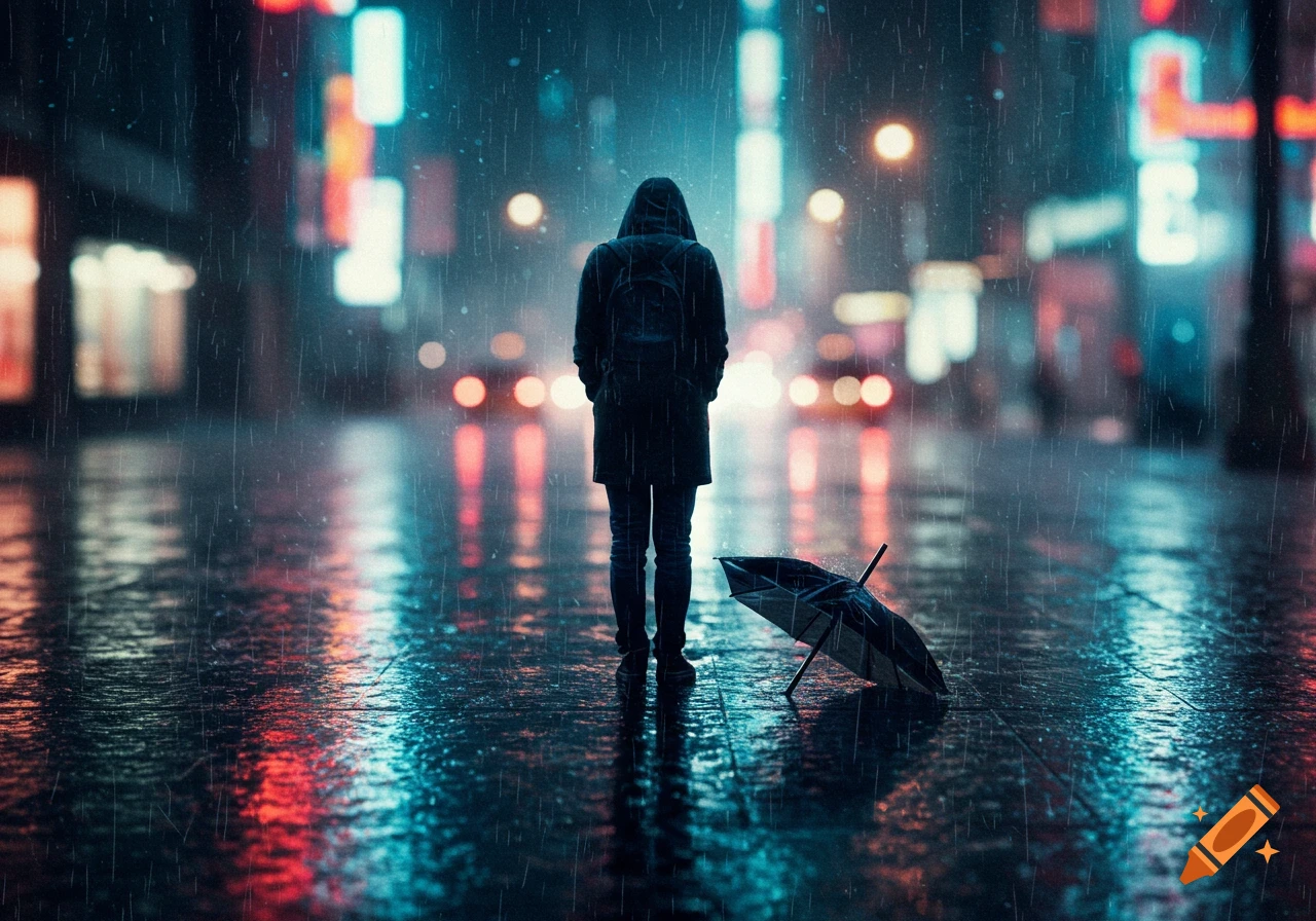A person in a hooded coat and backpack stands on a wet, neon-lit city street at night during heavy rain, with an umbrella on the ground.