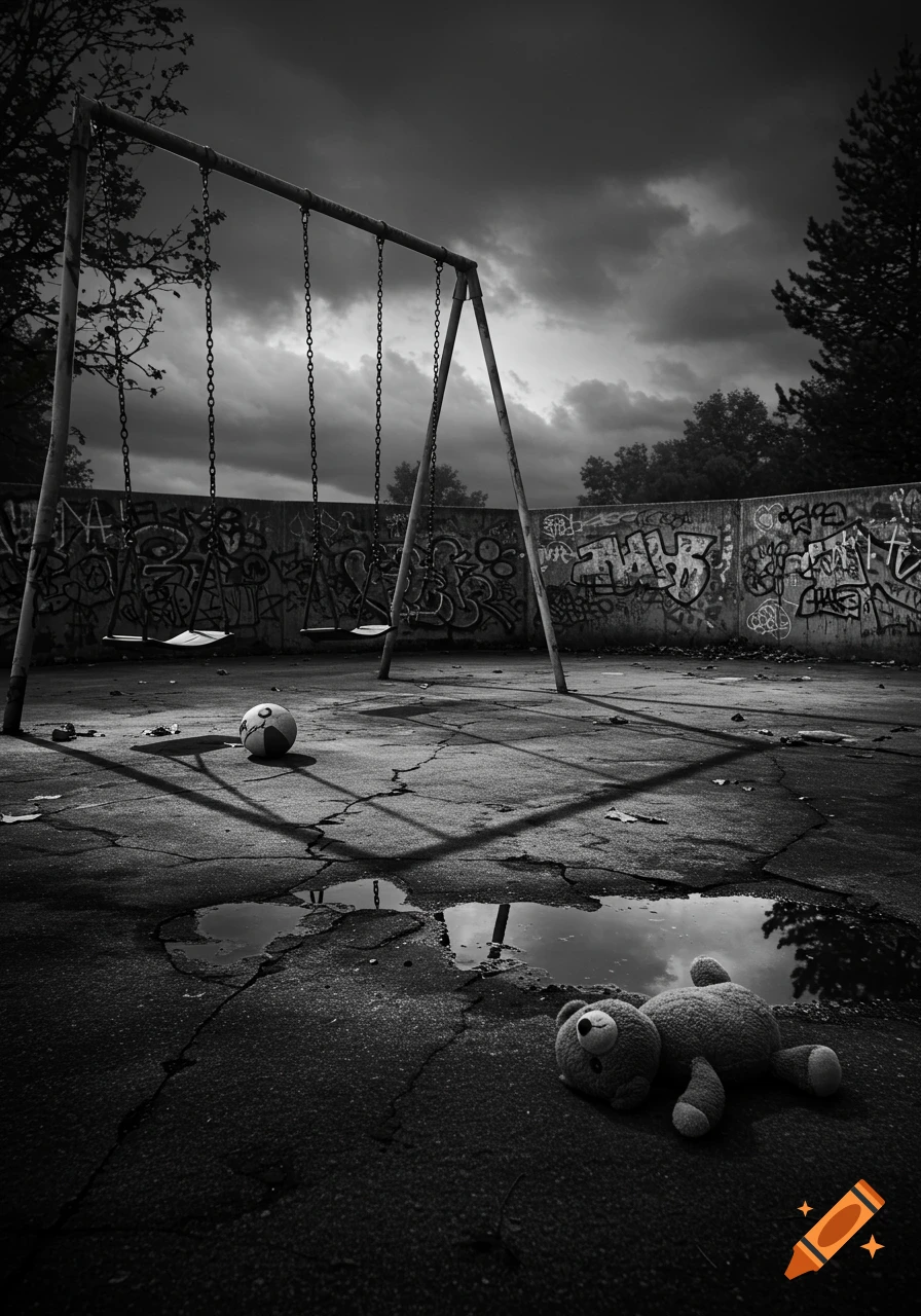 Desolate monochrome playground: empty swing set, dirty soccer ball, discarded teddy bear on cracked pavement, graffiti wall, dark sky.