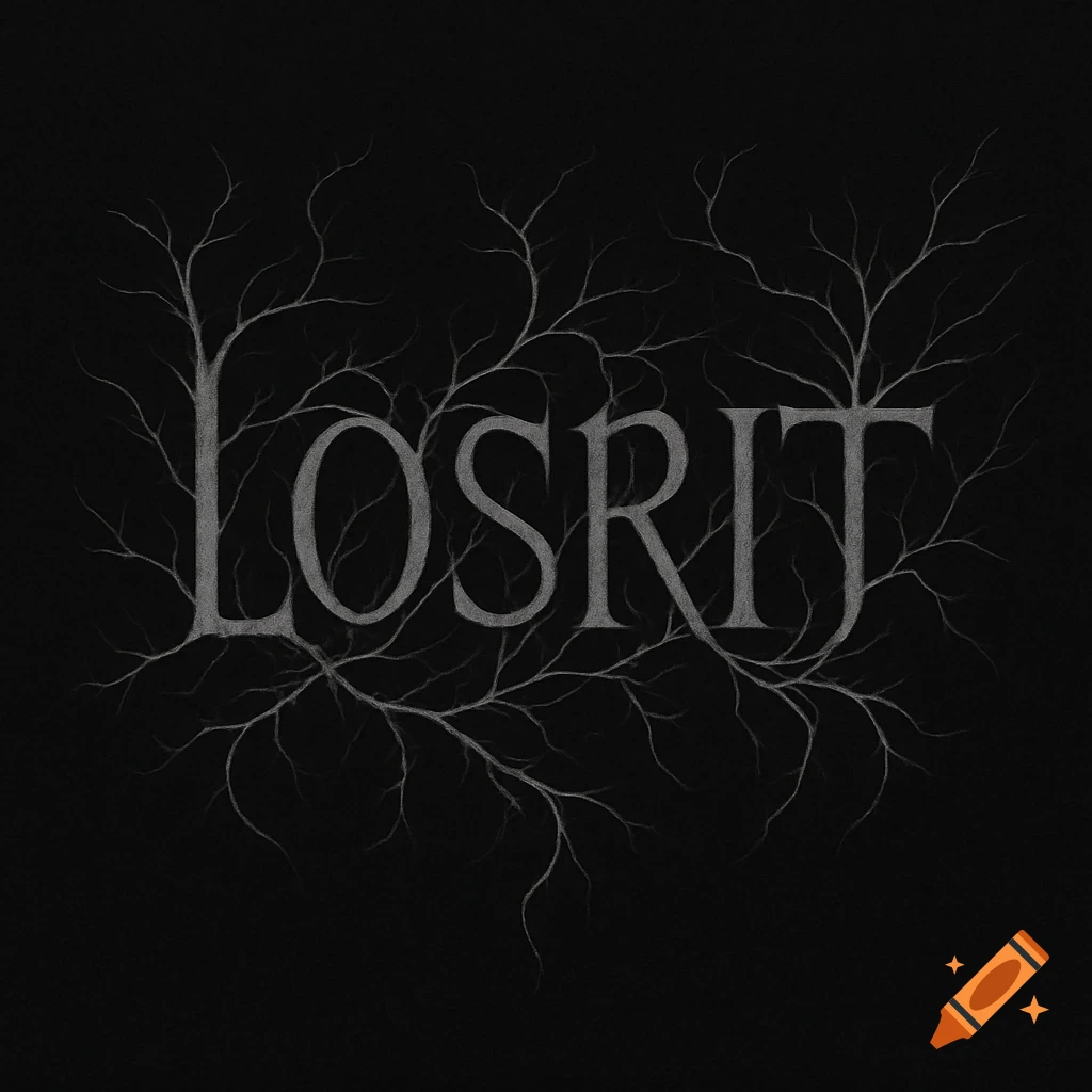 A dark black metal logo spelling 'LOSRIT' with gnarled, branch-like tendrils forming and connecting the letters.