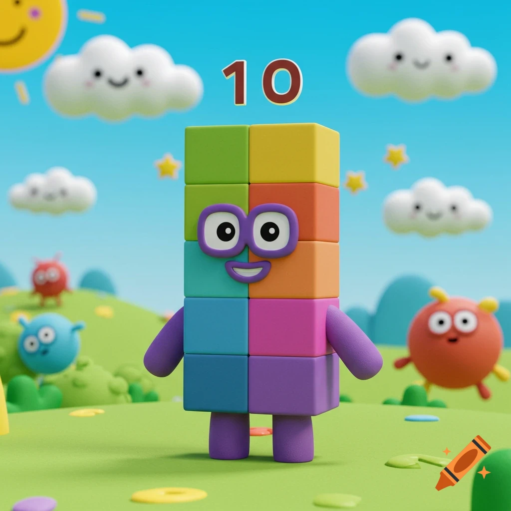 A cheerful 3D animated Numberblock 10 character made of colorful blocks stands in a vibrant green landscape with smiling clouds and sun.
