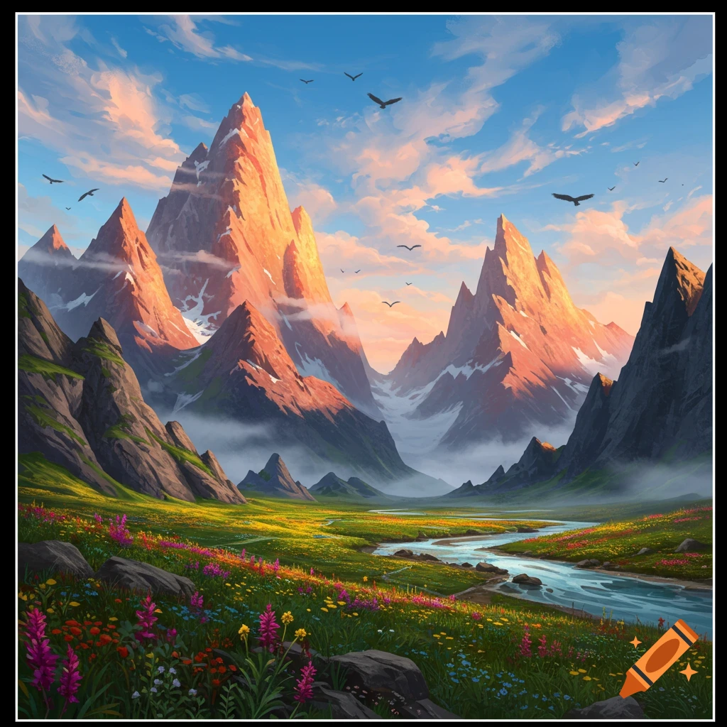 Vibrant artistic landscape featuring sunlit mountains, a winding river through a wildflower meadow under a cloudy sky.