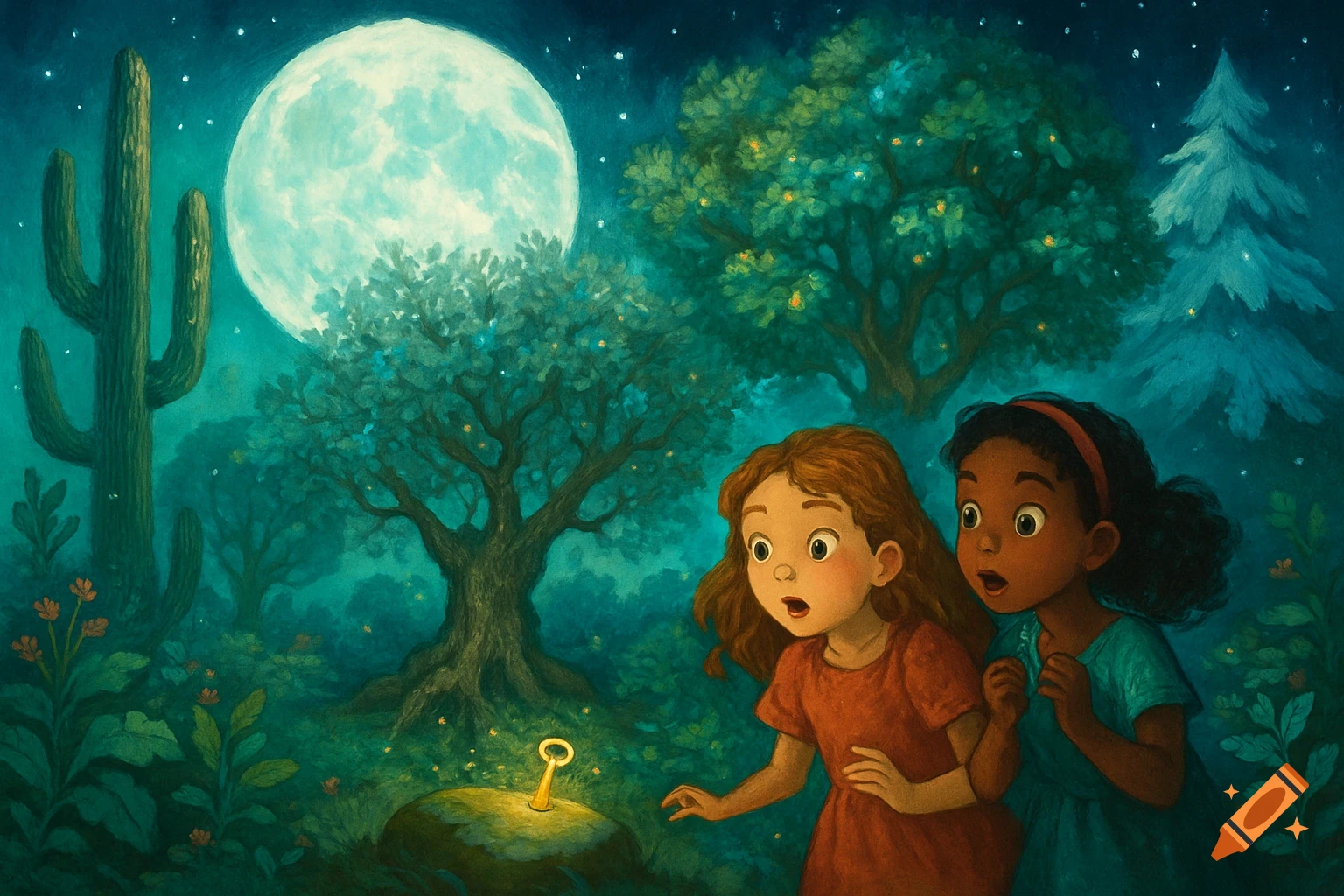 Two curious girls marvel at a glowing golden key in an enchanted night forest under a full moon, children's illustration style.