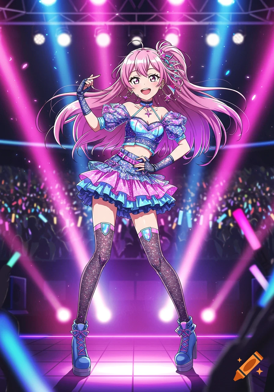 An anime girl with long pink hair in a glittery K-pop outfit poses on a stage with bright pink and blue spotlights and a cheering crowd.