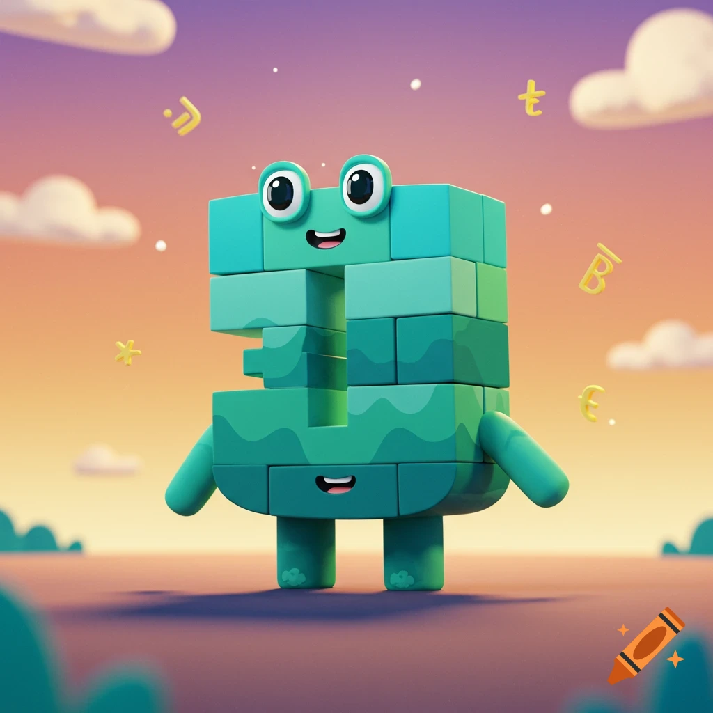 A friendly, cartoonish frog-like character made of teal and green building blocks stands in a vibrant, gradient-colored landscape under a cloudy sky.