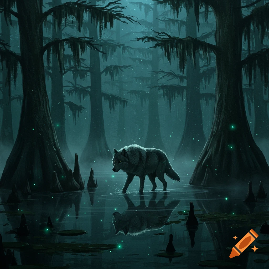 An ethereal wolf walks through a dark, misty swamp with glowing green lights and tall, mossy trees reflected in the water.