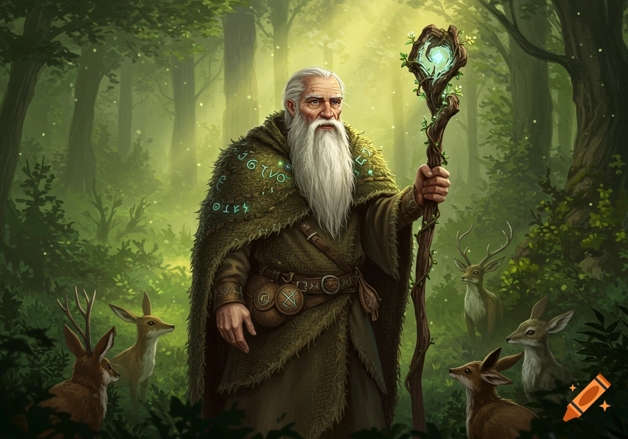 An old, bearded man in a mossy cloak holding a glowing, vine-wrapped staff, stands in a mystical forest surrounded by deer.