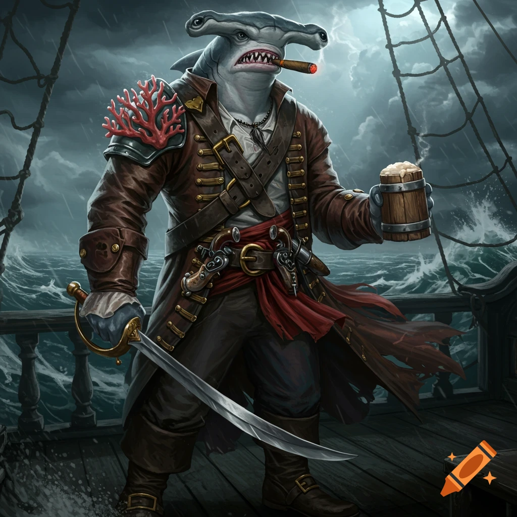 A muscular hammerhead shark humanoid pirate with a cigar and rum mug stands on a stormy ship deck.
