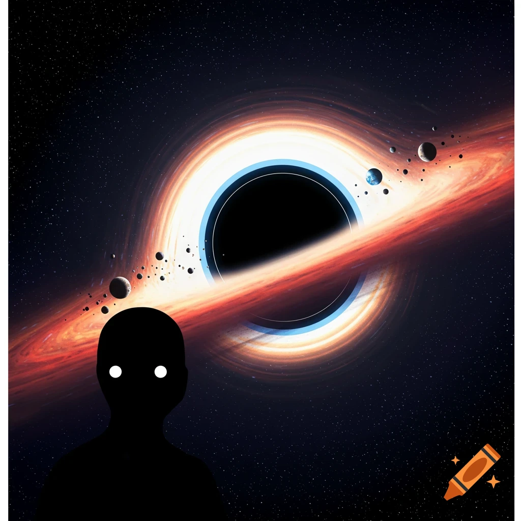 A stylized black silhouette with white dot eyes gazes at a black hole with a fiery red and orange accretion disk, orbited by small planets in deep space.