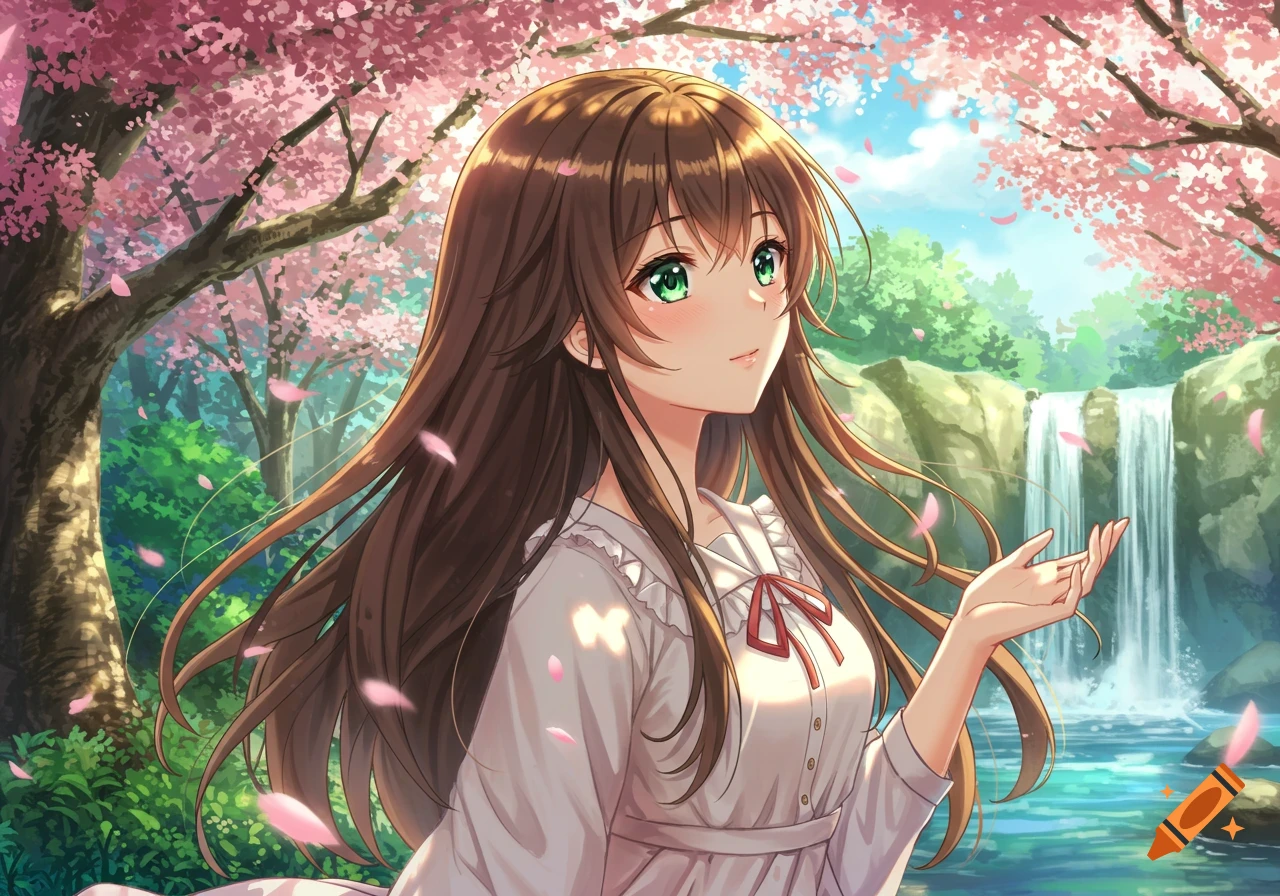 Anime girl with long brown hair and green eyes, wearing a white dress, standing in a cherry blossom forest with a waterfall.