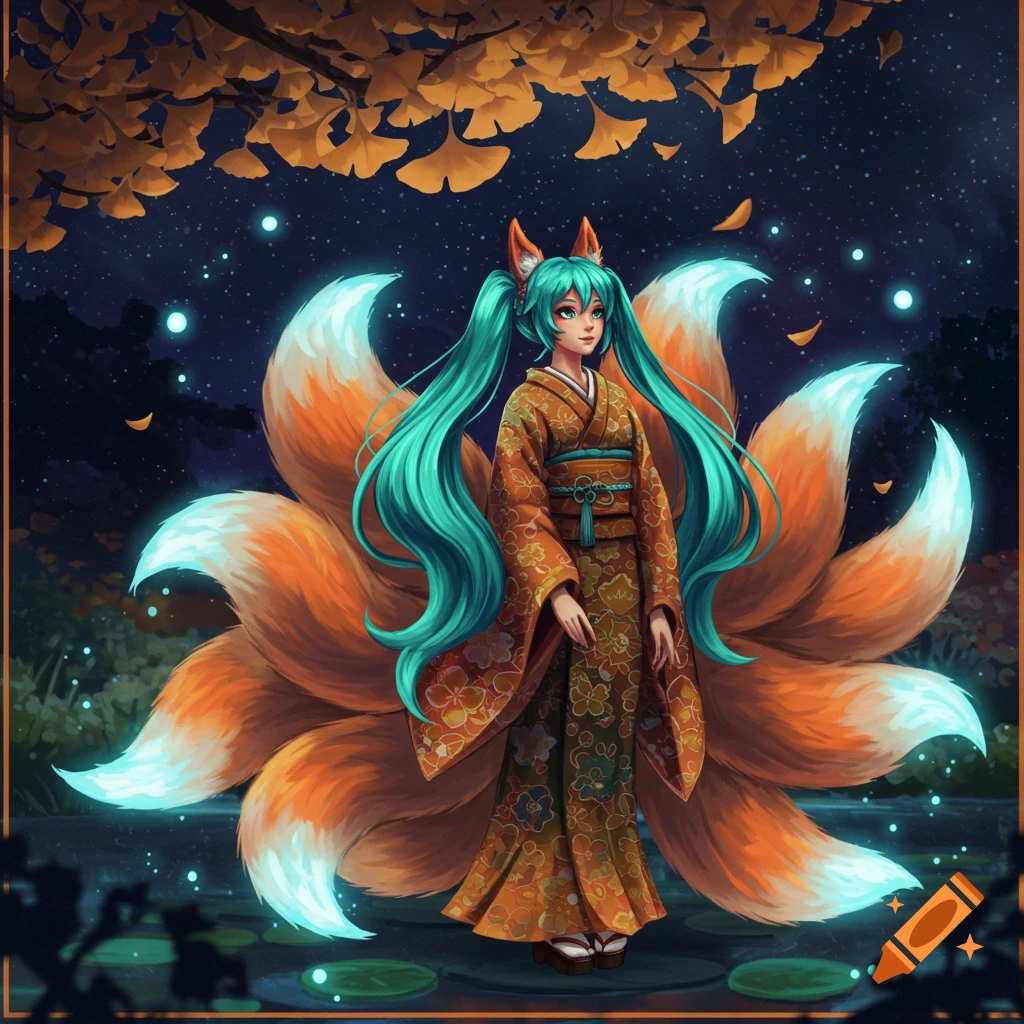 An anime illustration of Hatsune Miku as a nine-tailed kitsune in a kimono, standing under glowing ginkgo leaves by a starry pond at night.