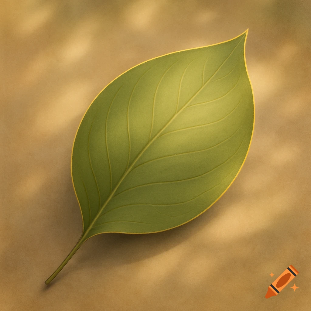 A stylized green leaf with prominent veins and a gold edge, resting on a textured brown surface.