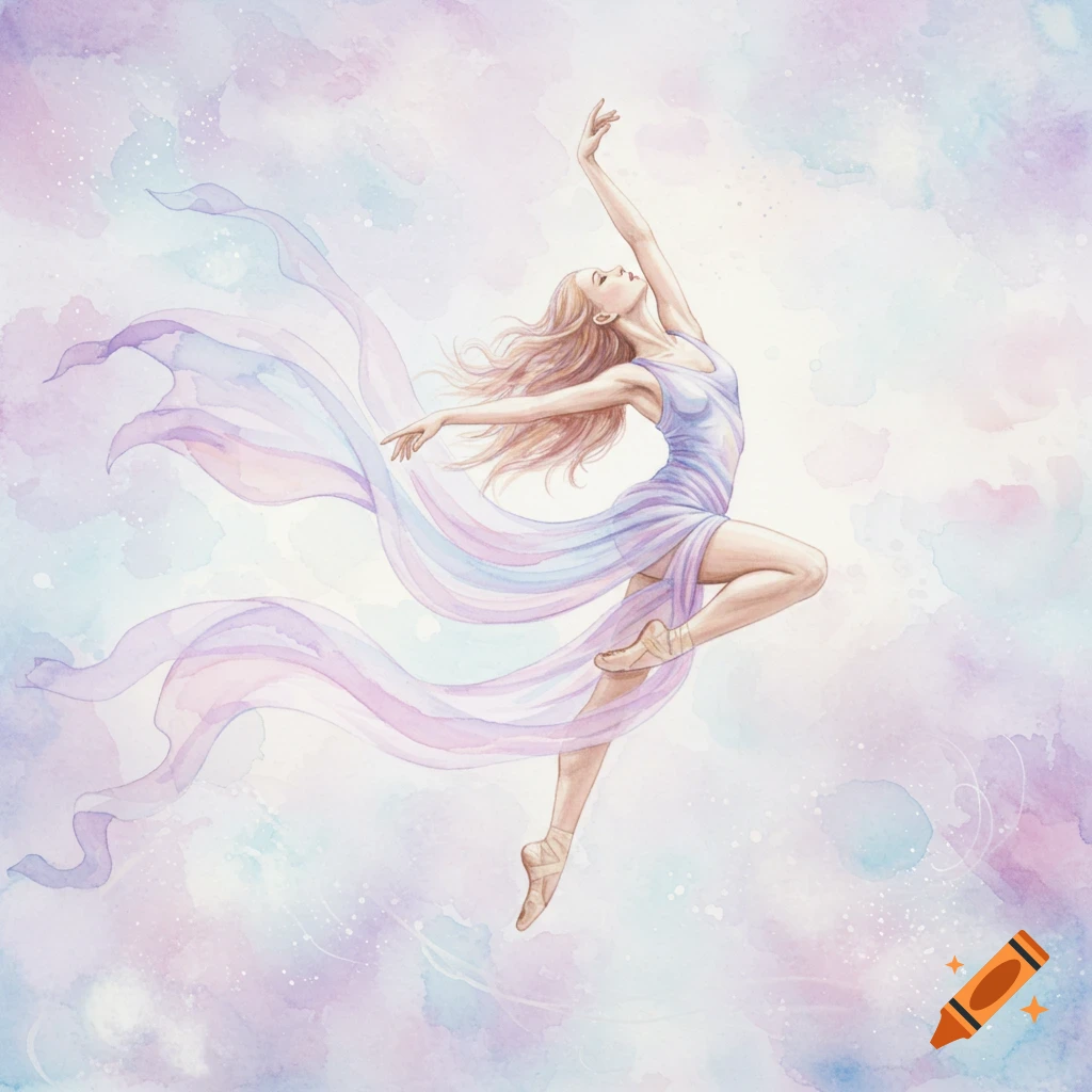 Watercolor illustration of an ethereal dancer suspended mid-air with flowing purple fabric, against a dreamlike pastel background.