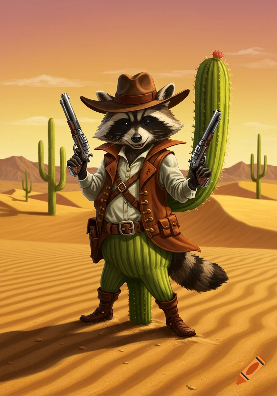 A cartoon raccoon dressed as a cowboy stands in a desert holding two revolvers, with cacti in the background.