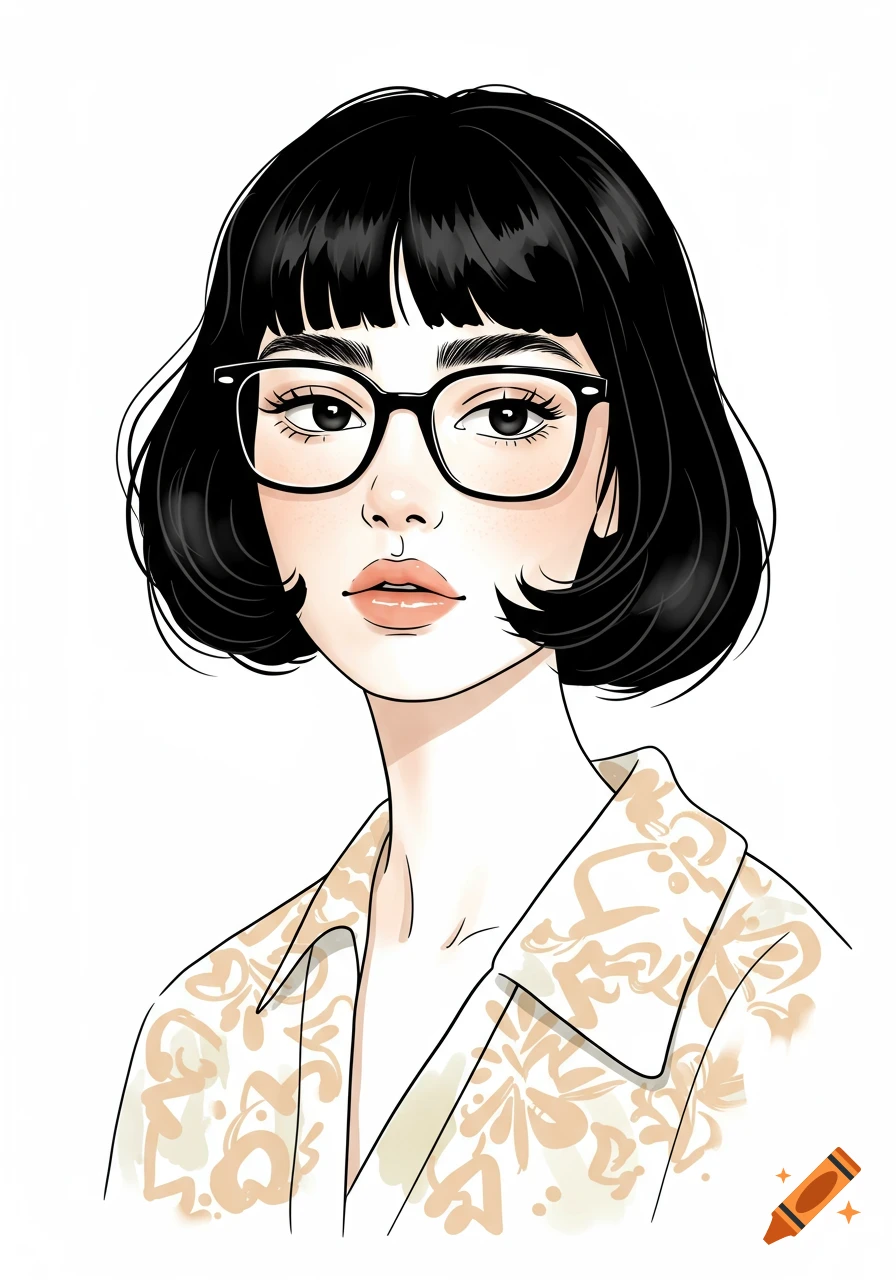 A retro-inspired line art illustration of a woman with short black hair and rectangular glasses wearing a patterned shirt.