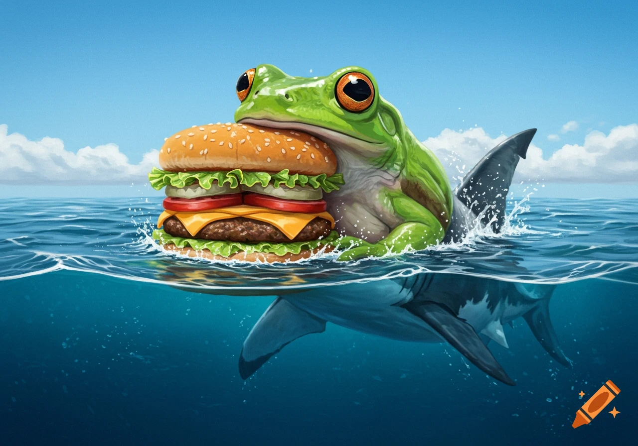 A whimsical green frog with big orange eyes sits on a shark's body in the ocean, holding a large hamburger.