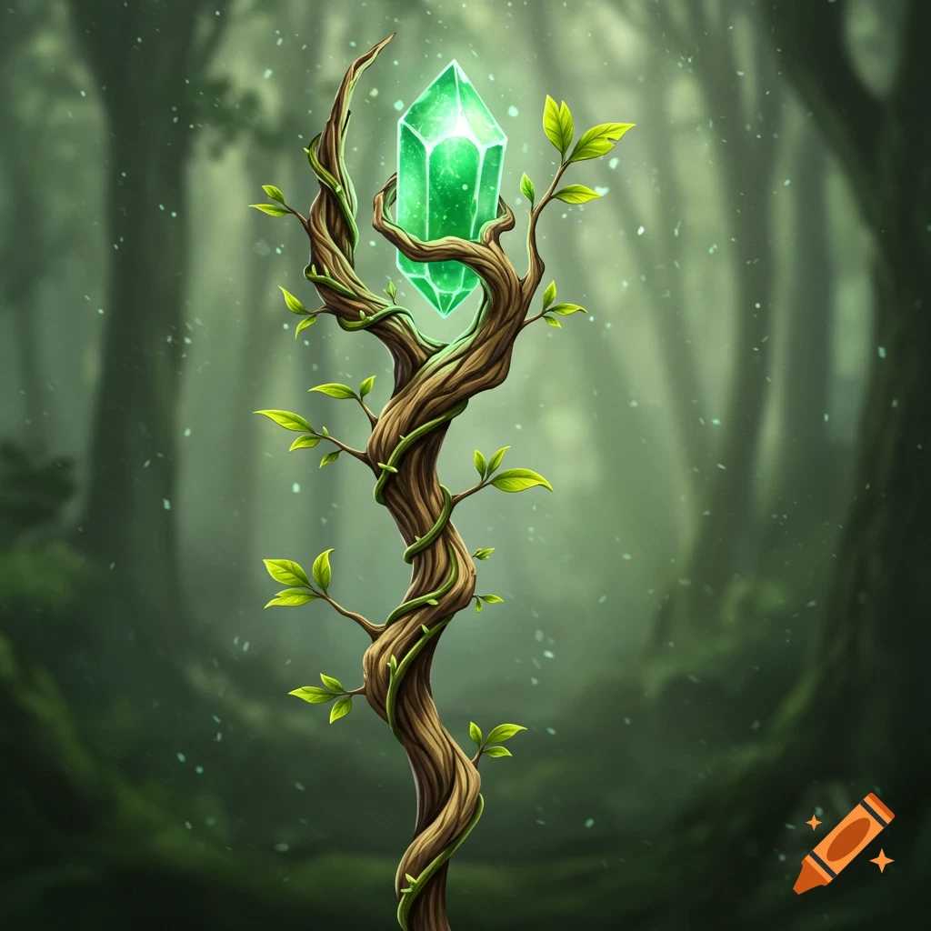 A gnarled staff of living wood with green leaves and vines, topped with a glowing green crystal, set against a misty forest background.