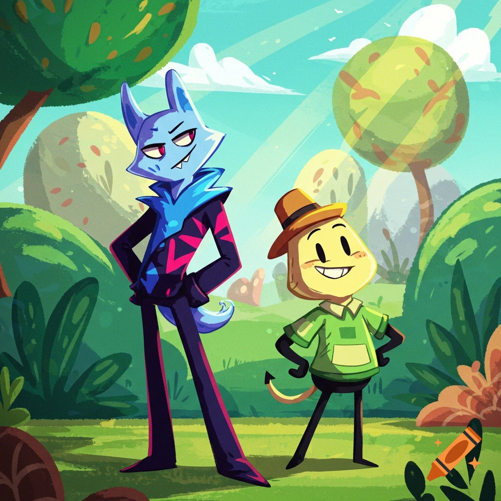Two stylized cartoon characters, a blue wolf-like figure and a smiling yellow blob-like figure, stand in a vibrant green landscape.