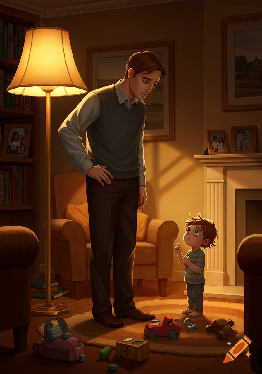 An illustrated father stands over his sad young son in a warmly lit living room with scattered toys.