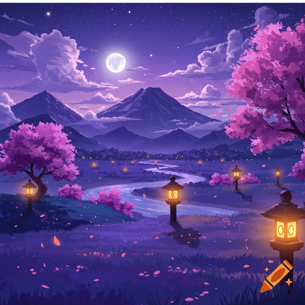 A vibrant anime-style night landscape with a full moon, purple mountains, pink cherry blossom trees, and glowing lanterns lining a winding river.