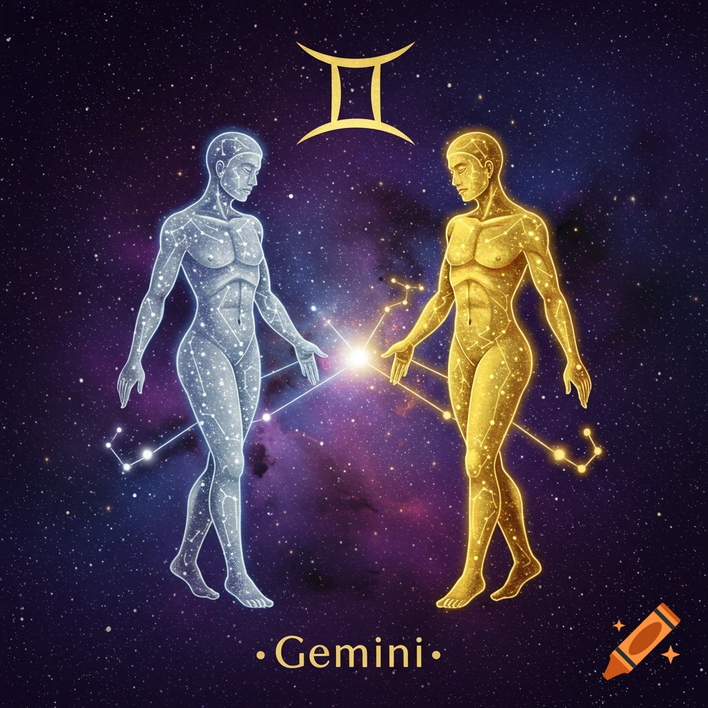 A stylized silver and gold twin figure standing against a cosmic background with the Gemini zodiac symbol and text.