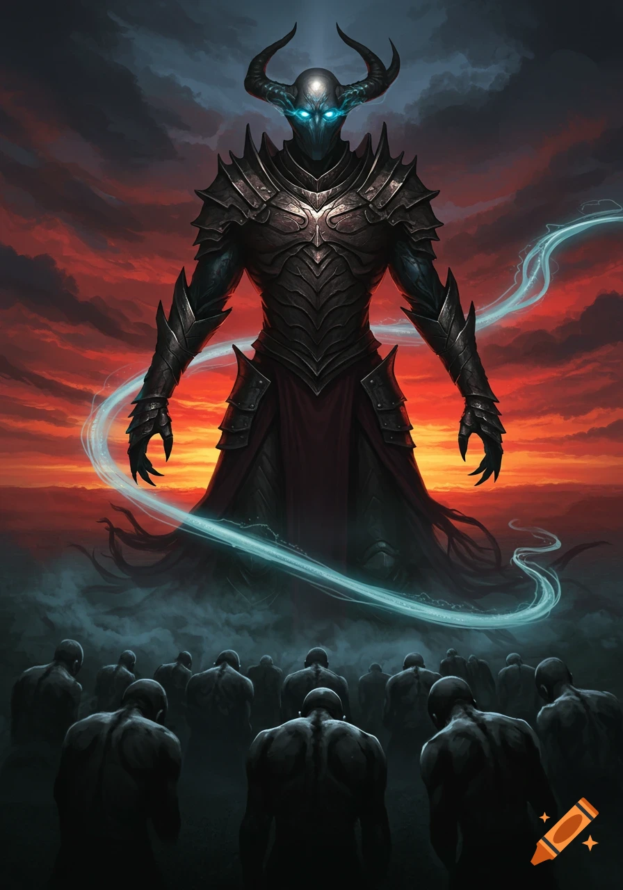 A towering horned demon in dark armor with glowing blue eyes overlooks a crowd of shadowy figures against a fiery sunset, with blue energy.