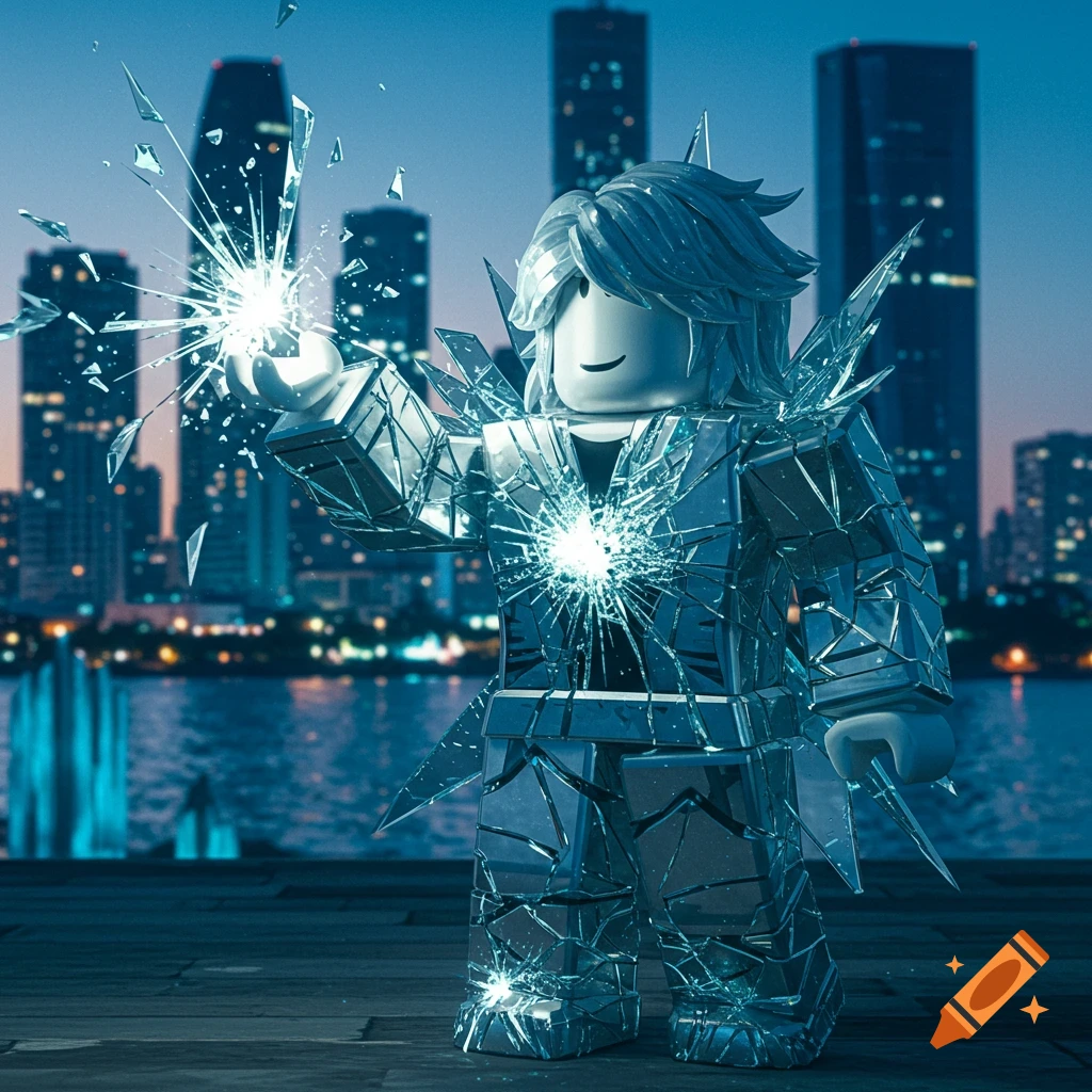 Roblox character made of cracked glass, glowing with light, stands on a pier with a city skyline at dusk.