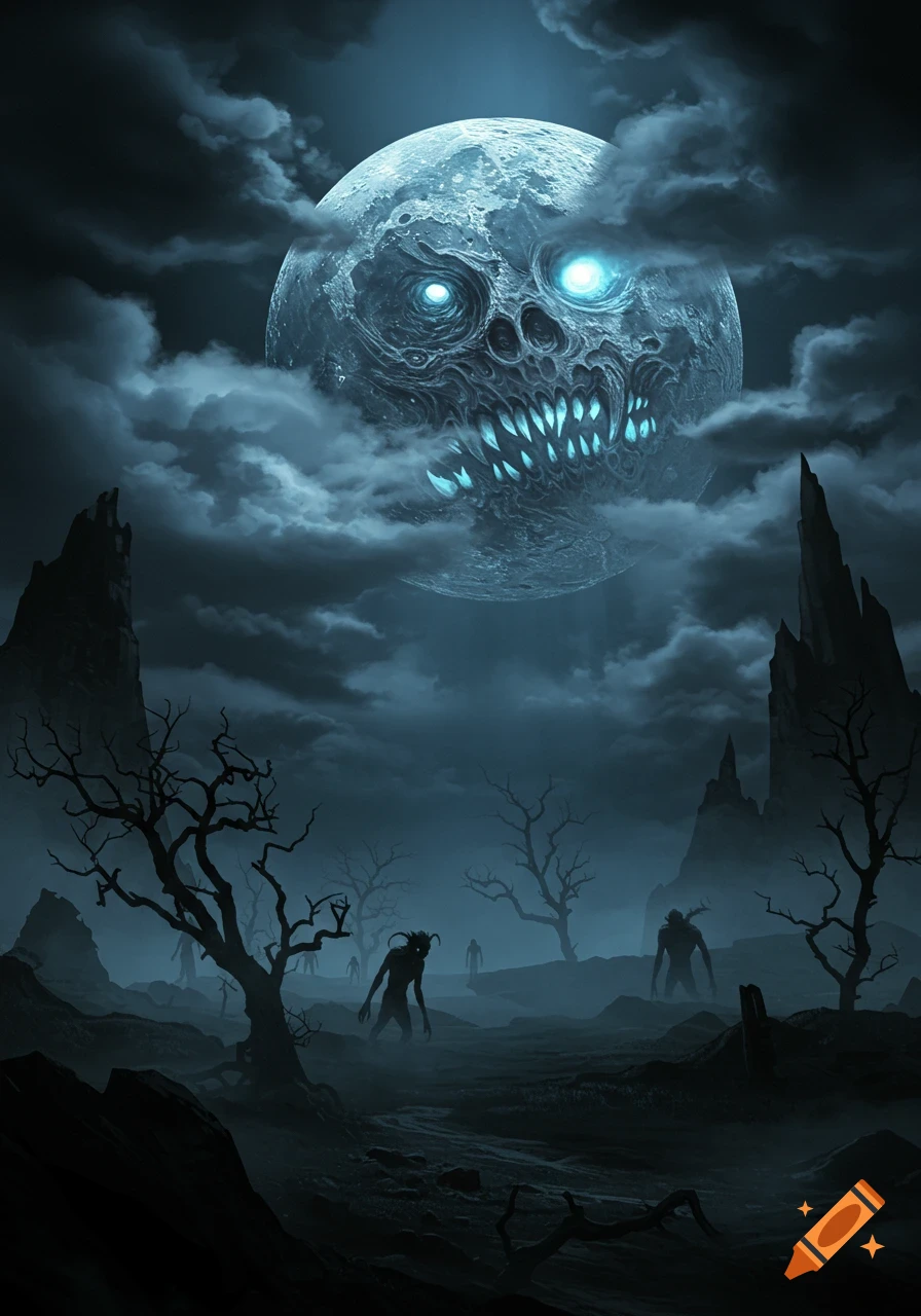 A dark fantasy horror nightscape with a monstrous, glowing-eyed moon, gnarled trees, and silhouetted zombie figures.