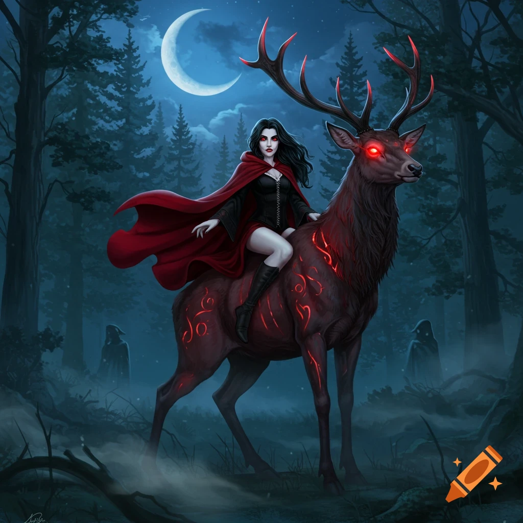 A pale vampire girl in a red cape rides a black deer with glowing red eyes and markings through a moonlit, misty forest.