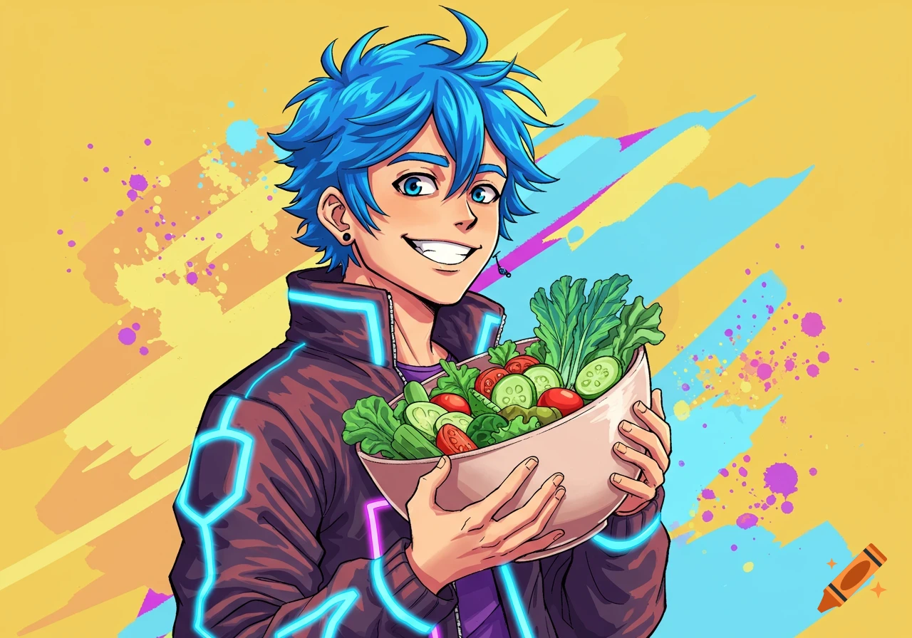 Anime-style guy with blue hair smiles while holding a large bowl of fresh salad against a vibrant, abstract background.