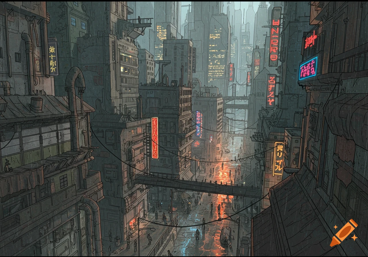 A rainy, futuristic dystopian city in comic art style, with neon signs, elevated walkways, and people on the streets.
