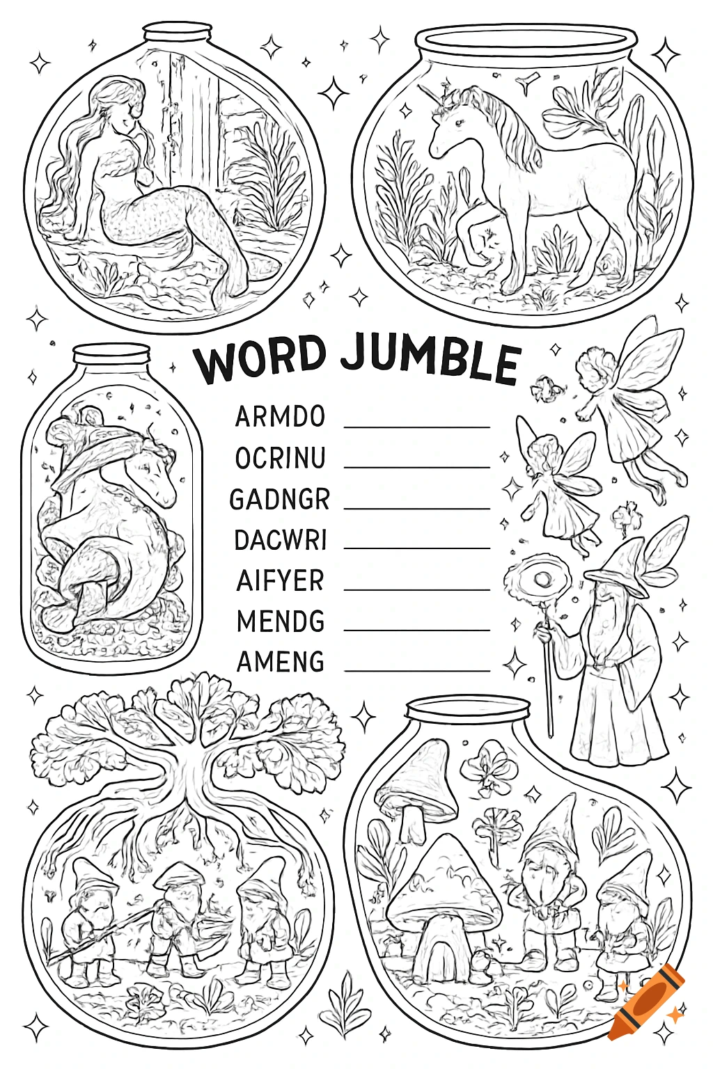 Black and white coloring page with word jumble. Features mermaid, unicorn, dragon, fairies, wizard, and gnomes in terrarium scenes.
