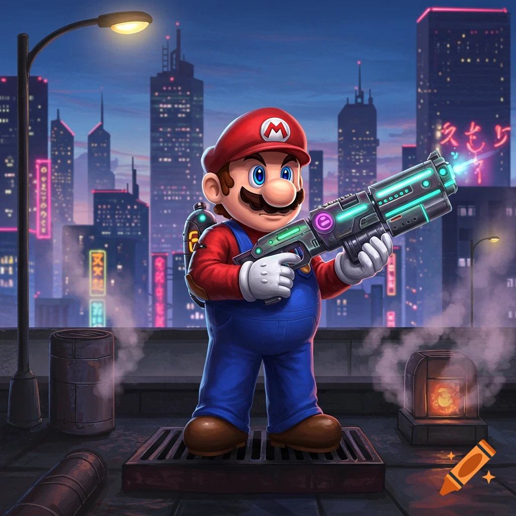 Mario in a cyberpunk city at night, holding a large glowing sci-fi gun on a rooftop, with neon-lit skyscrapers in the background.