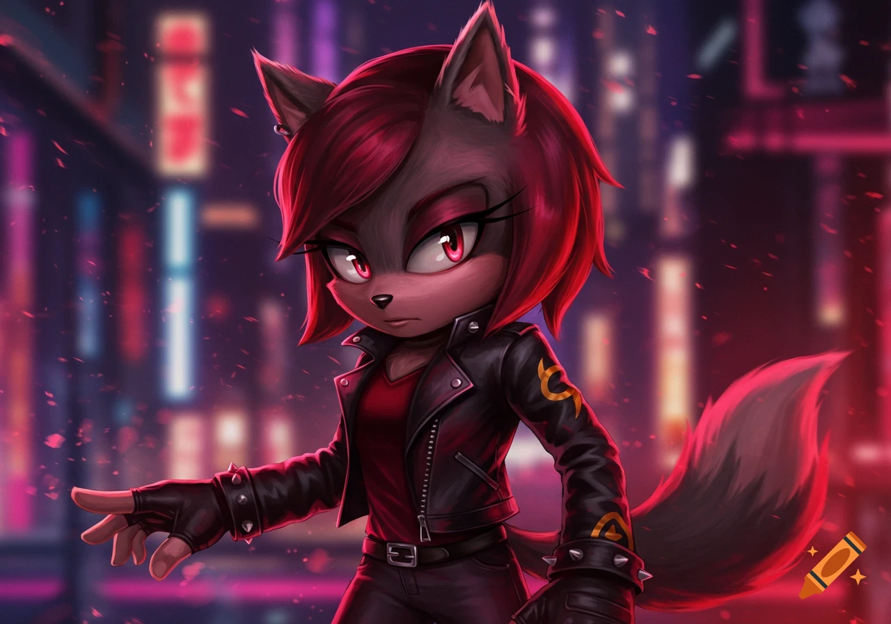 A stylized Mobian wolf character with reddish-brown fur and red eyes, wearing a black leather jacket and standing against a blurry neon city background.