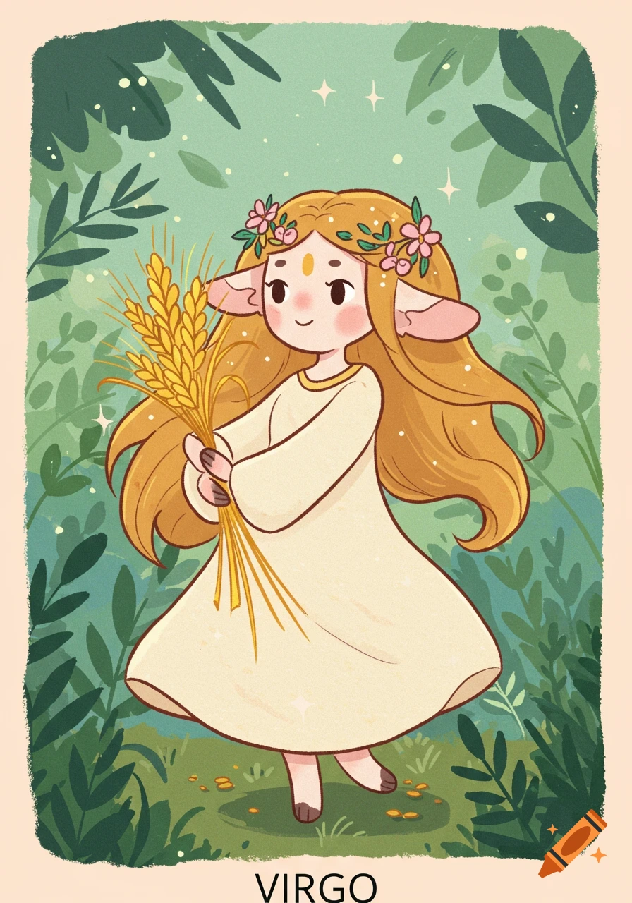 Cute cartoon Virgo character with blonde hair, elf ears, flower crown, holding wheat in a green forest.