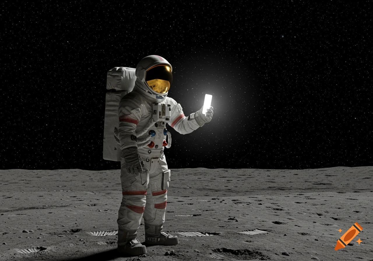 A 1970s-style astronaut stands on the moon's surface, holding a brightly glowing smartphone against a starry night sky.