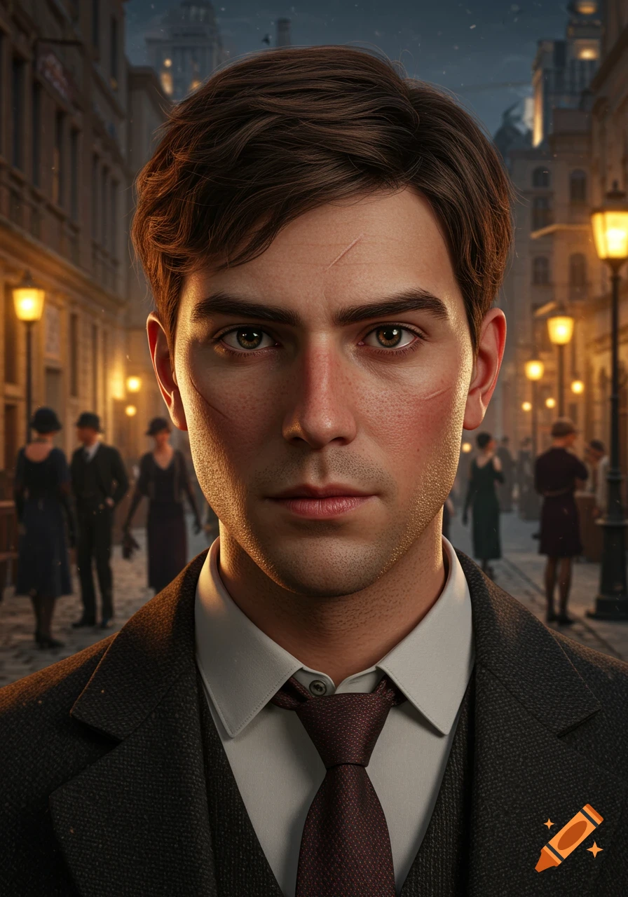 Photorealistic portrait of a serious young man with brown hair, scars, in a suit and tie, standing on a 1920s city street at dusk.