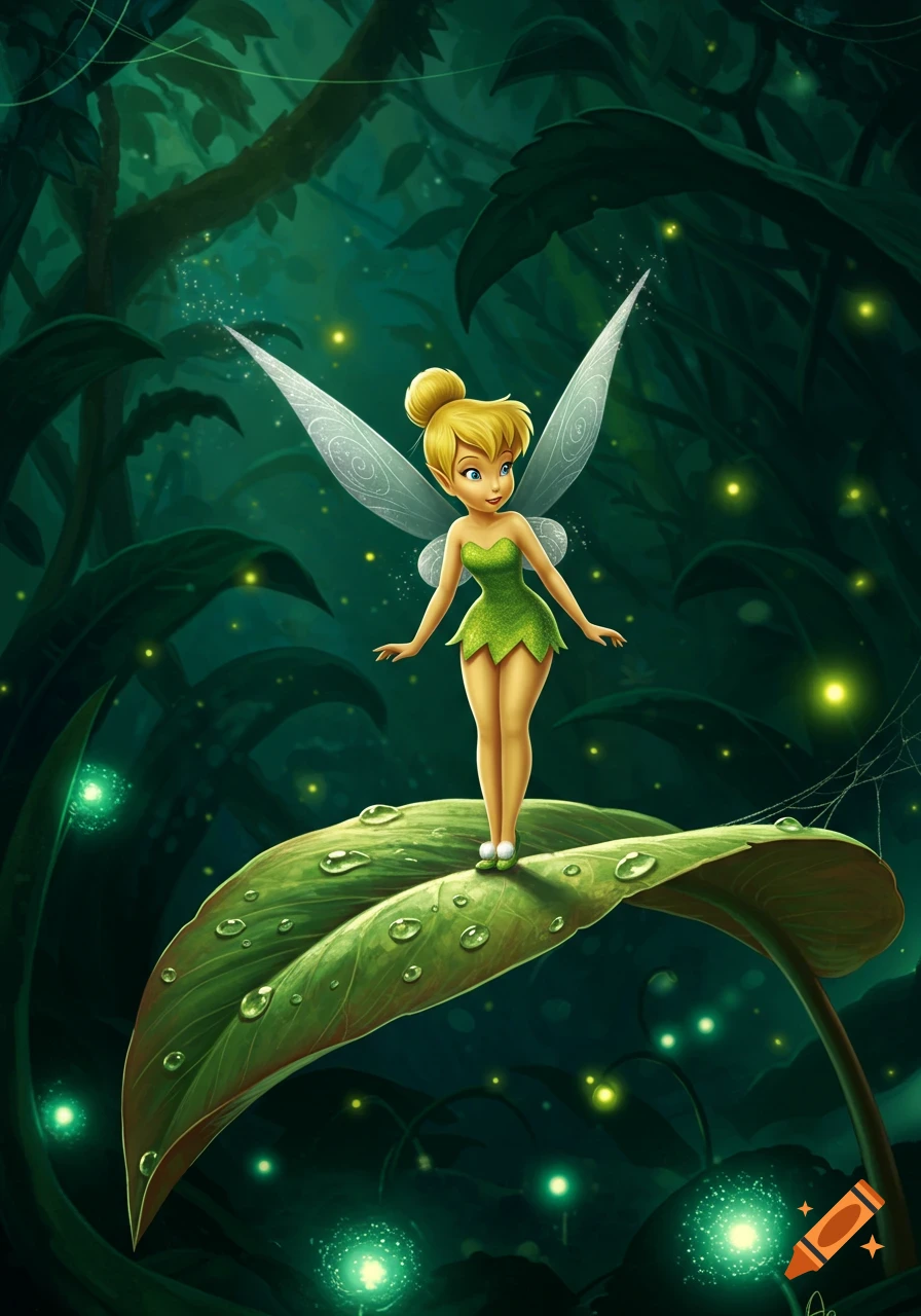 Tinkerbell stands on a large dewy leaf in a lush, dark green jungle, surrounded by glowing lights.