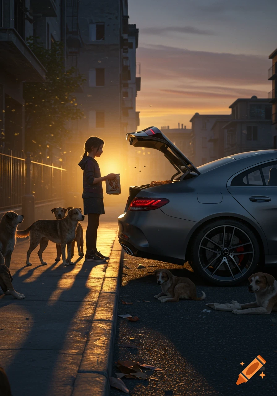 A girl feeds stray dogs from the trunk of a Mercedes car on a city street at sunset, photorealistic.
