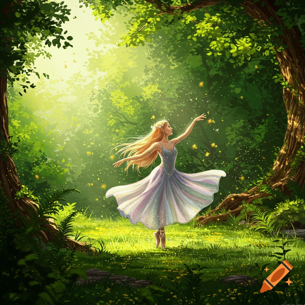 A blonde fairy-like dancer in a light dress poses gracefully in a sun-dappled green forest, surrounded by sparkling light.