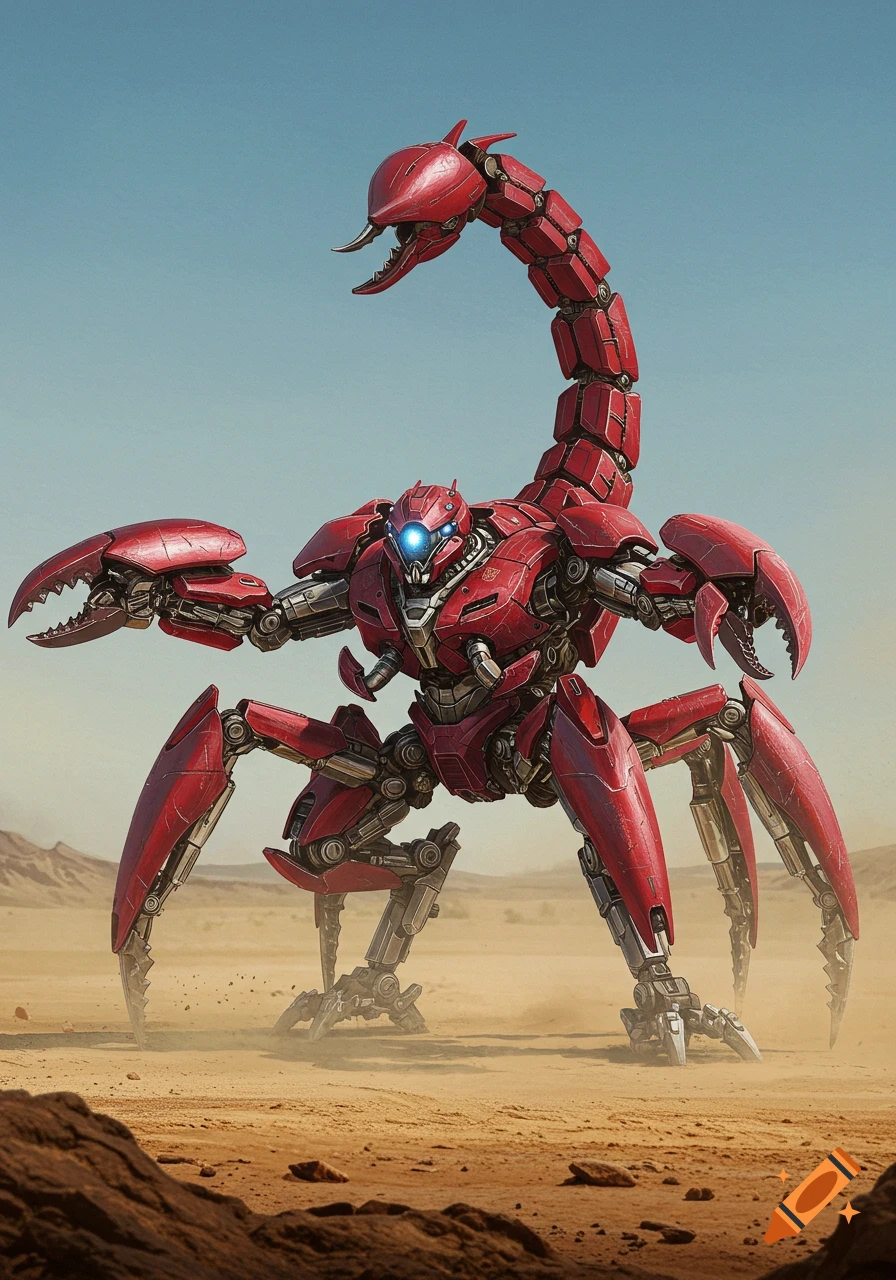 A large, red biomechanical scorpion-like robot with glowing blue eyes stands in a desolate desert landscape under a clear sky.