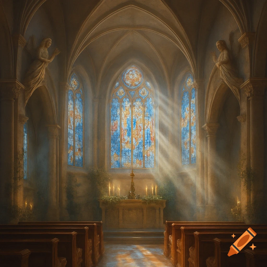 A serene church interior with sunlit stained glass windows, an altar with candles, and wooden pews.