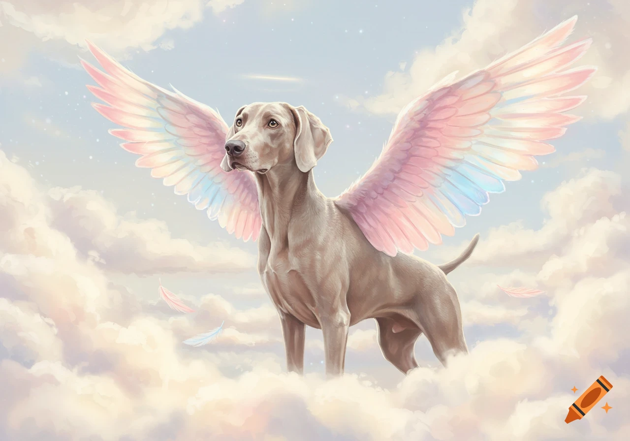 A Weimaraner dog with shimmering pastel wings stands in a dreamy sky surrounded by clouds.